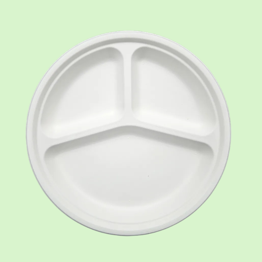 10-inch 3-compartment round bagasse plate, 255mm diameter, compostable and sturdy.