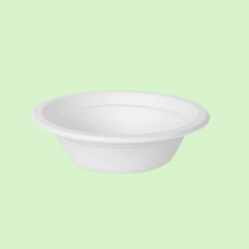 350ml round bagasse bowl, 145mm diameter, compostable tableware for soups or salads.