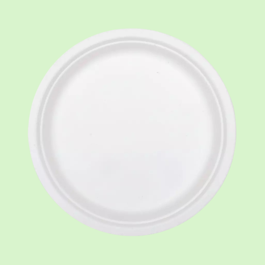 Small 7-inch bagasse round plate, 180mm diameter, 100% compostable and PFAS-free.