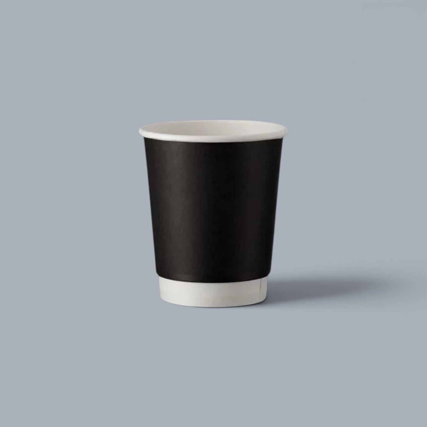 CrossWave Ecopacks black 8oz double wall paper cup with white rim and base, ideal for hot beverages.