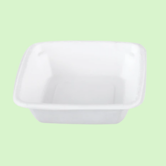 Single compartment 1-D bagasse tray, 150mm length, for snacks and appetizers.