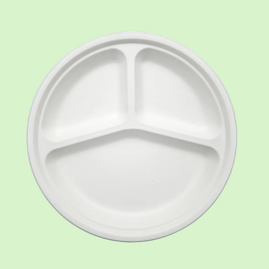 10-inch 3-compartment round bagasse plate, 255mm diameter, compostable and sturdy.