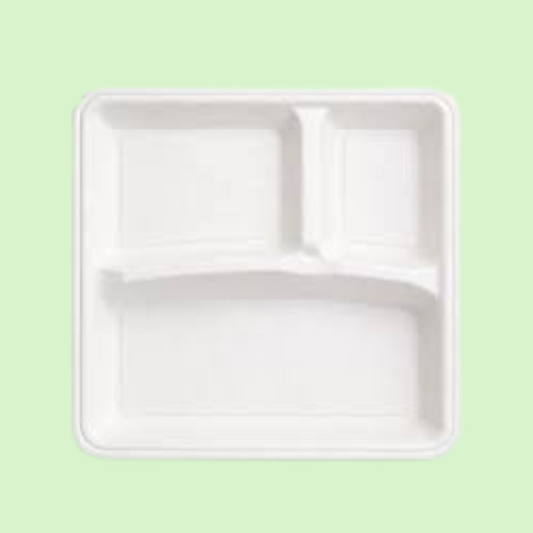Square 10-inch bagasse plate with 3 sections, premium sugarcane fiber construction.