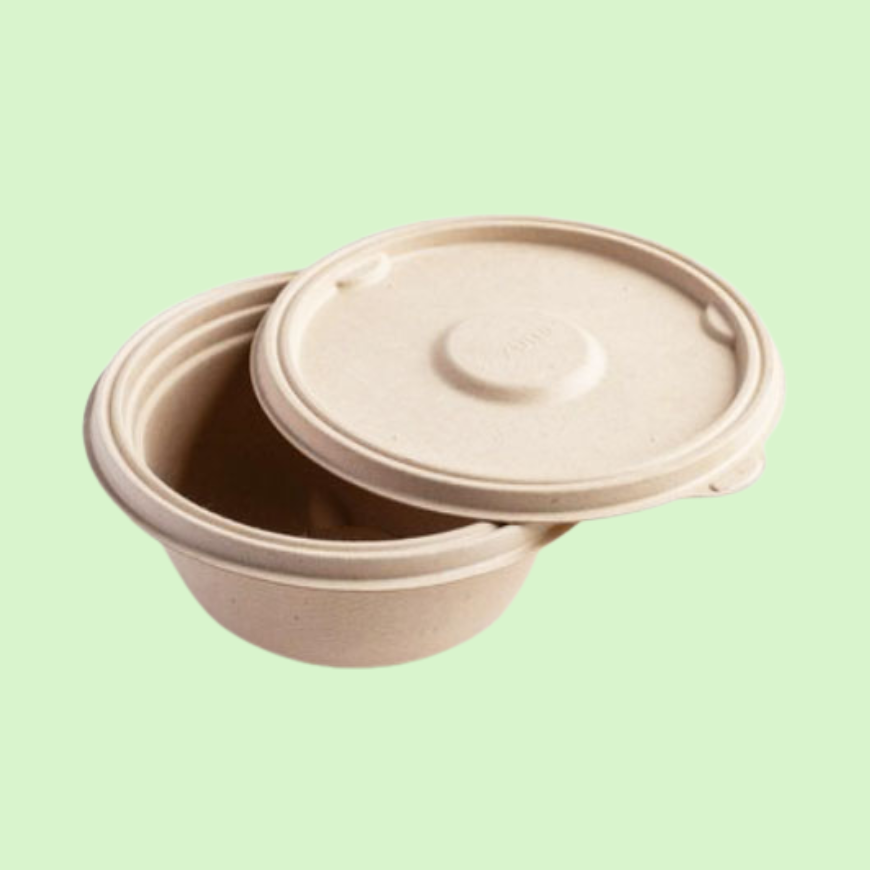 Matching bagasse lid for 1000ml round bowl, leak-resistant and compostable.