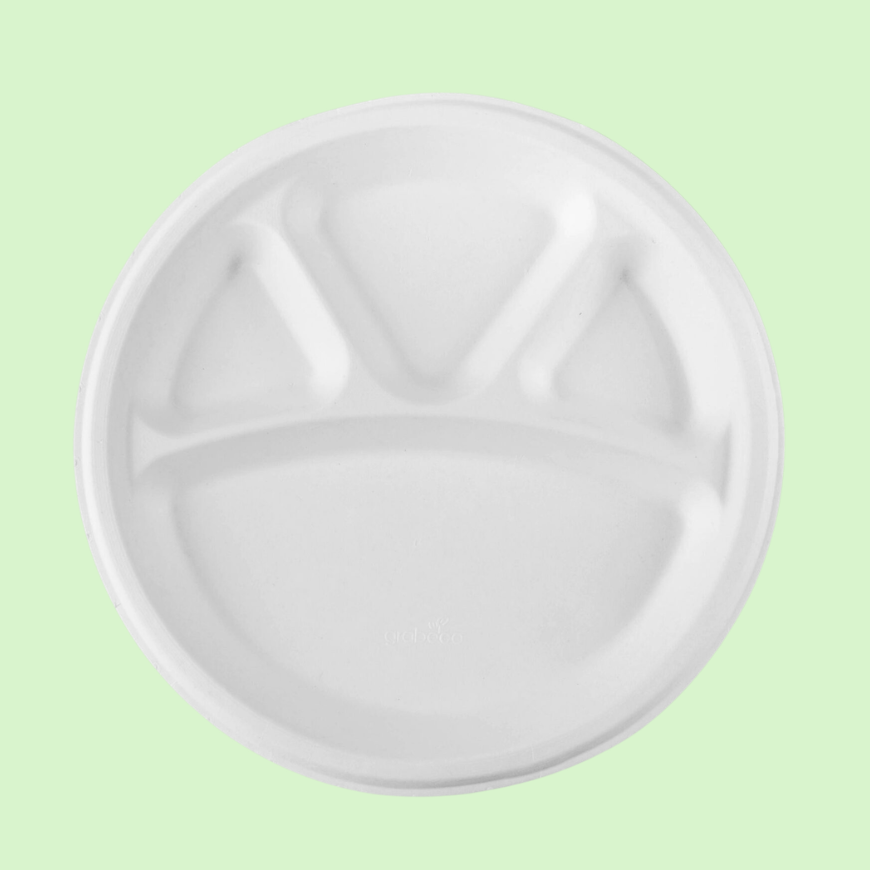 11-inch 4-section round bagasse plate, premium eco-friendly disposable tableware.