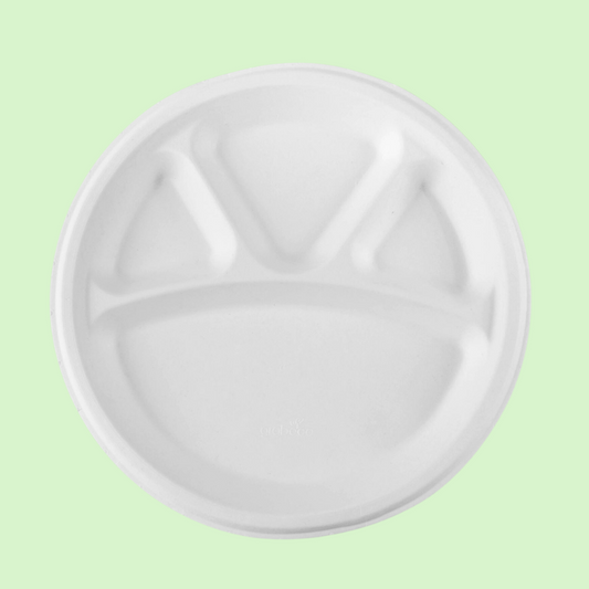 11-inch 4-section round bagasse plate, premium eco-friendly disposable tableware.