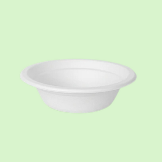 350ml round bagasse bowl, 145mm diameter, compostable tableware for soups or salads.