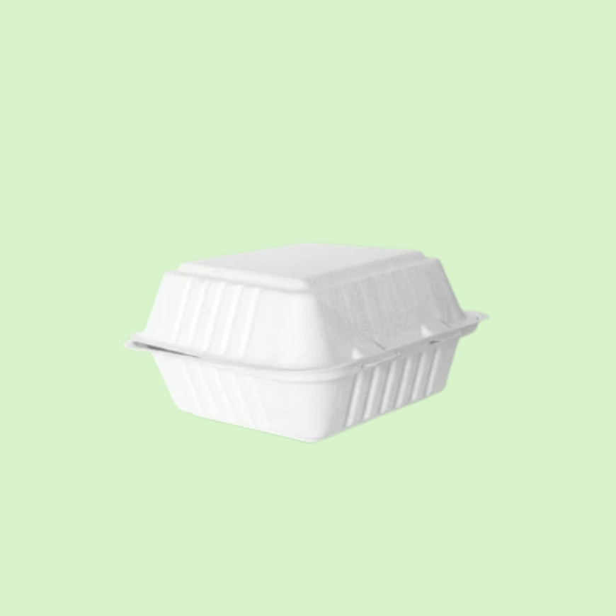 Small 6x6 inch bagasse clamshell, ideal for eco-friendly burger packaging.