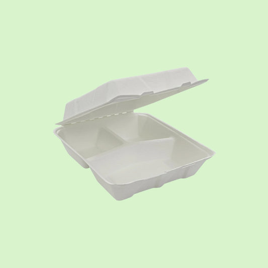 8x8 inch 3-compartment bagasse clamshell, biodegradable hinged container.