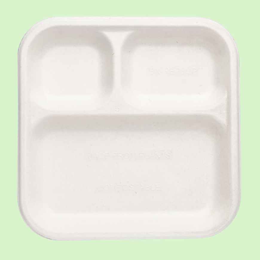 9-inch 3-compartment square bagasse plate, 215mm size, leak-resistant design.
