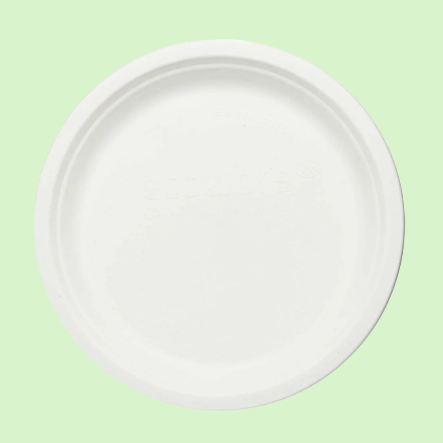 Plate	
Sustainable 9-inch round bagasse plate, leak-resistant tableware for events.