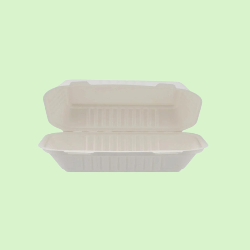 9x6 inch rectangular bagasse clamshell, sustainable meal packaging.