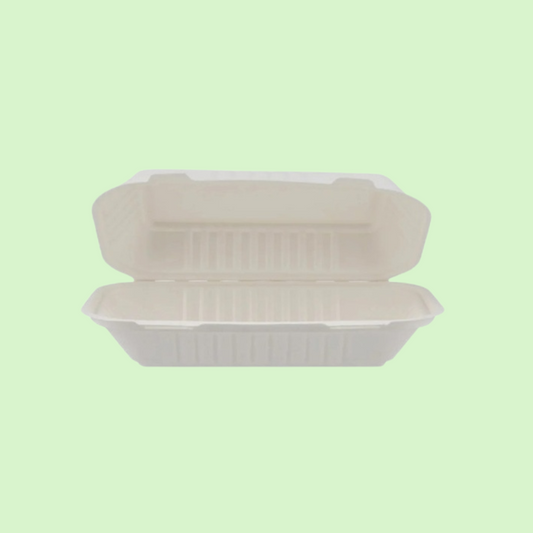 9x6 inch rectangular bagasse clamshell, sustainable meal packaging.