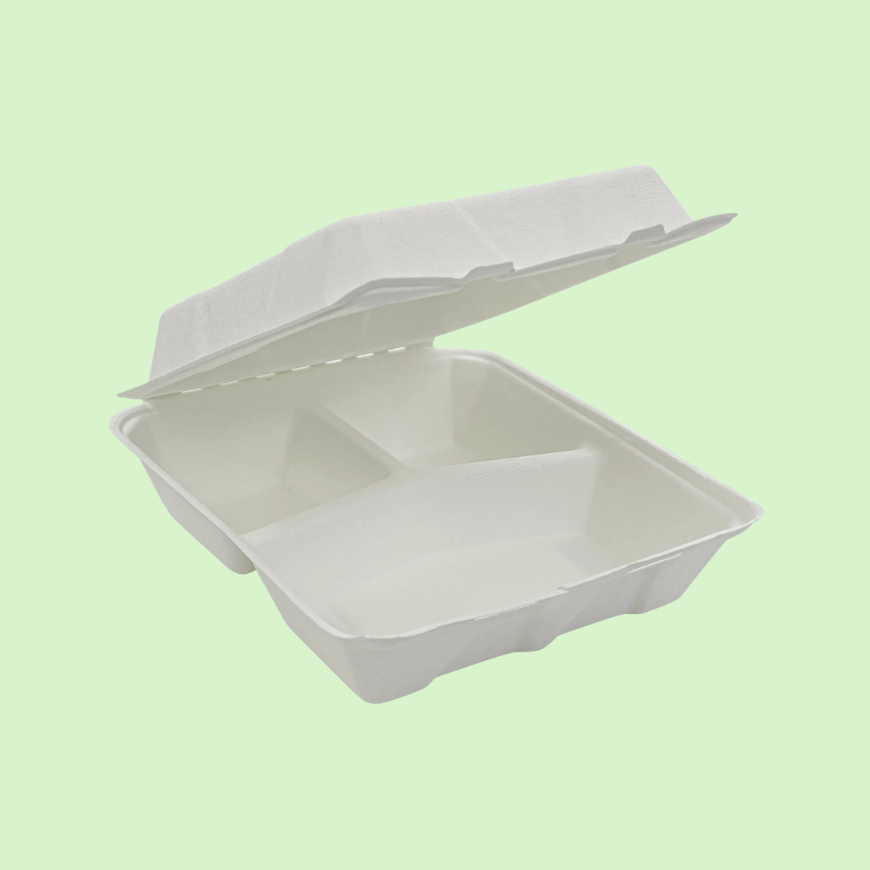 9x9 inch 3-compartment bagasse clamshell container, hinged lid for takeout.