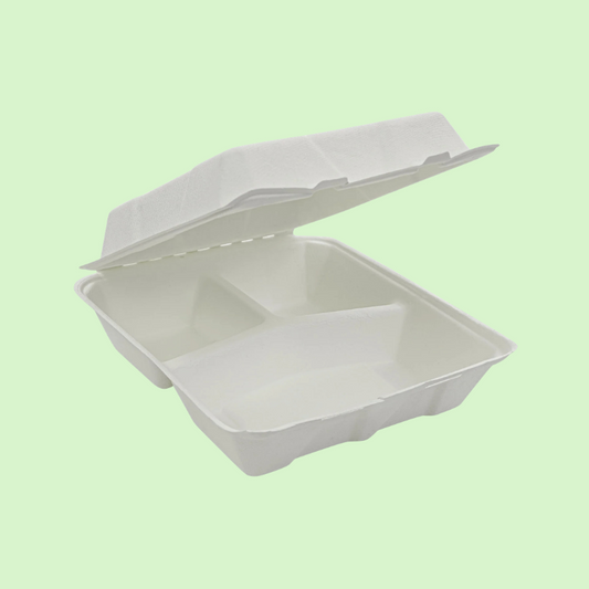 9x9 inch 3-compartment bagasse clamshell container, hinged lid for takeout.