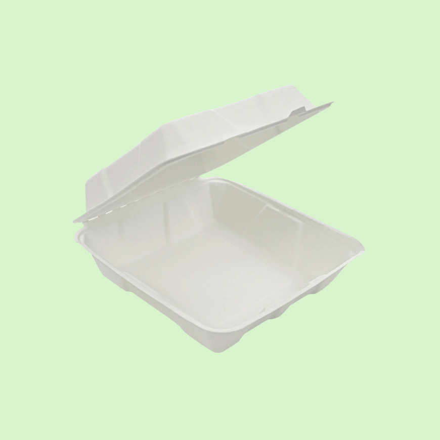 Standard 9x9 inch bagasse clamshell container, eco-friendly food box.