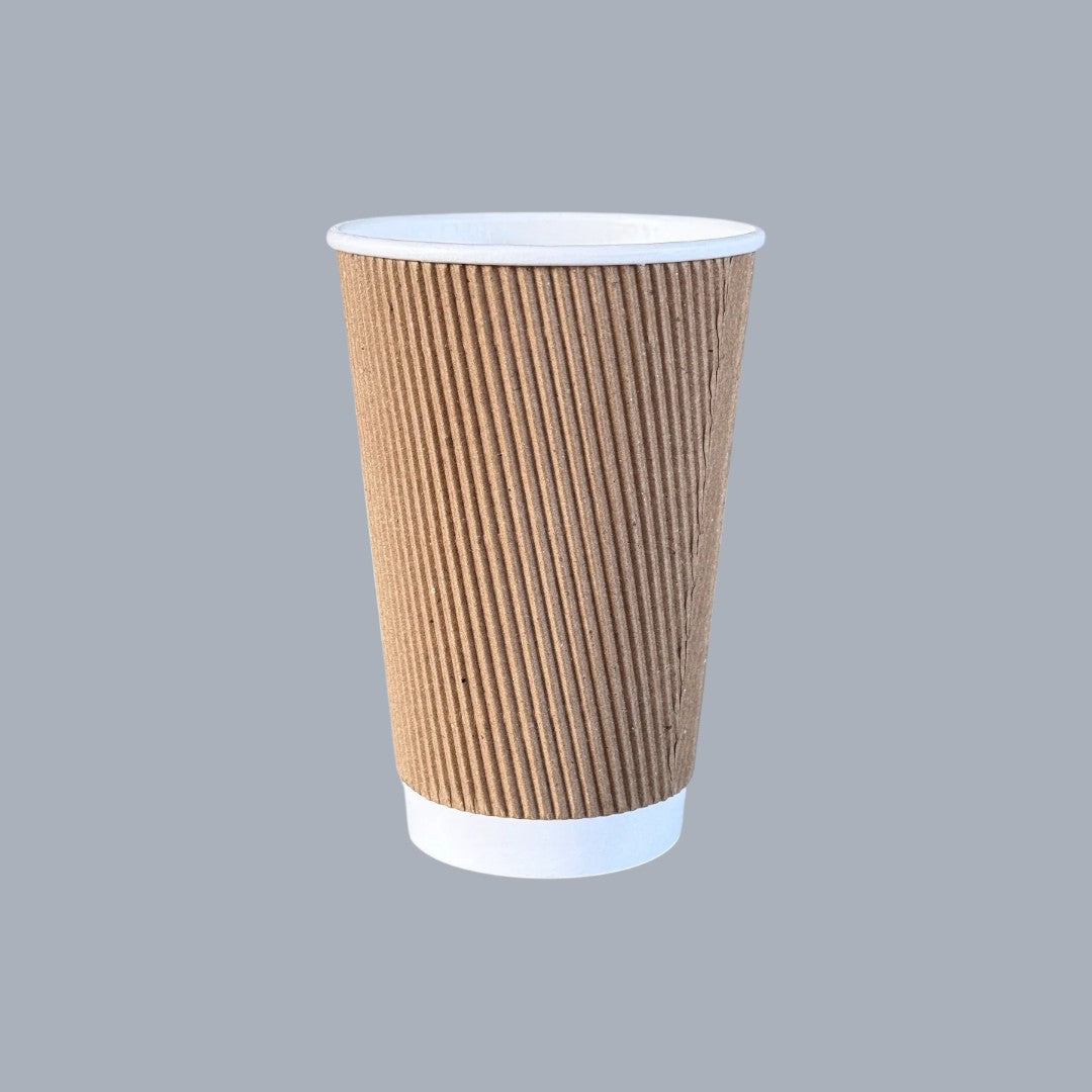 CrossWave Ecopacks 16oz white ripple wall paper cup for hot beverages, sleeve-free design.