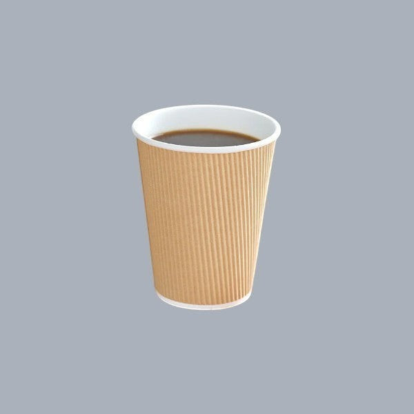 CrossWave Ecopacks 10oz white paper cup with brown ripple texture, filled with coffee.