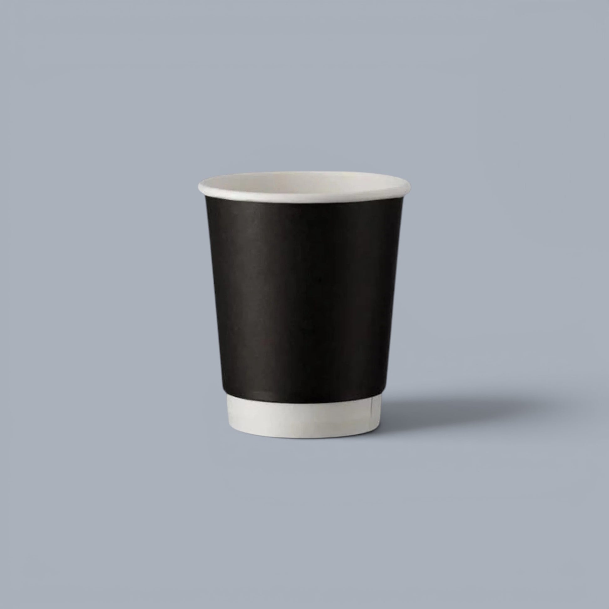 CrossWave Ecopacks black 8oz double wall paper cup with white rim and base, ideal for hot beverages.
