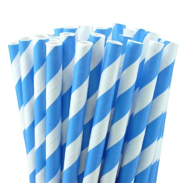 CrossWave Ecopacks blue and white striped 5mm paper straws for thin cold beverages. Biodegradable and eco-friendly.